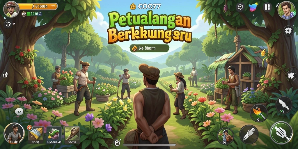 Screenshot gameplay COO77 menampilkan ladang yang hijau dan aktivitas berkebun.