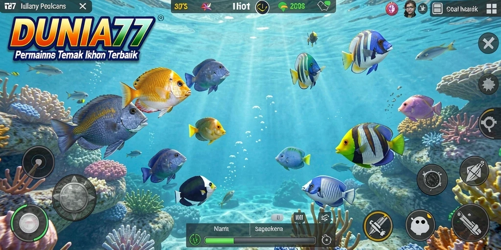 Screenshot gameplay DUNIA77 dengan aksi menembak ikan yang seru.