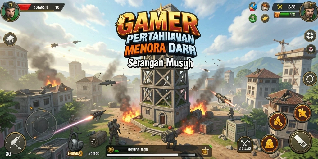 Menara pertahanan melawan gelombang musuh dalam GAMERP.