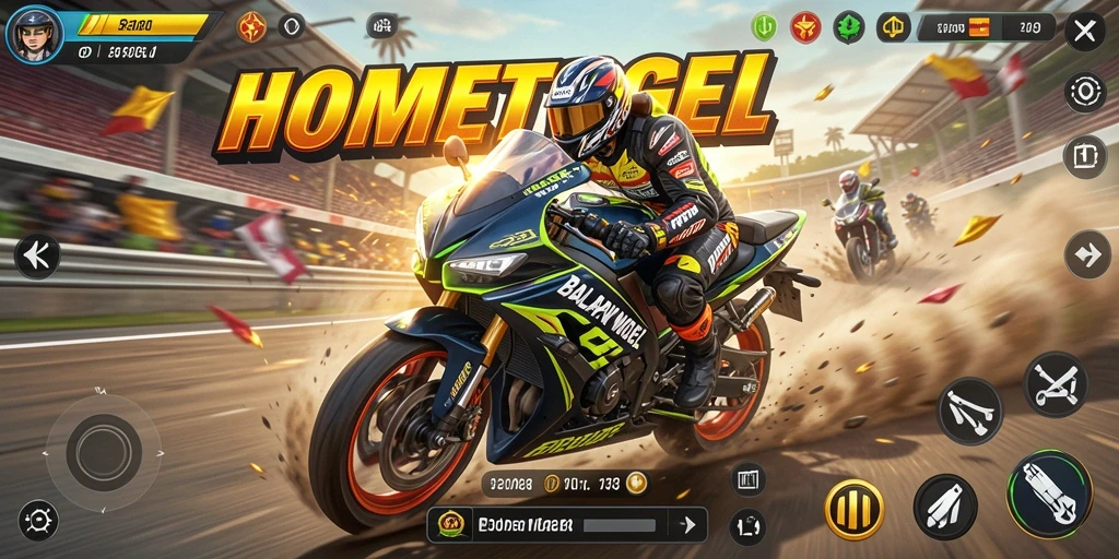 Screenshot gameplay HOMETOGEL yang menampilkan aksi balapan motor yang mendebarkan.