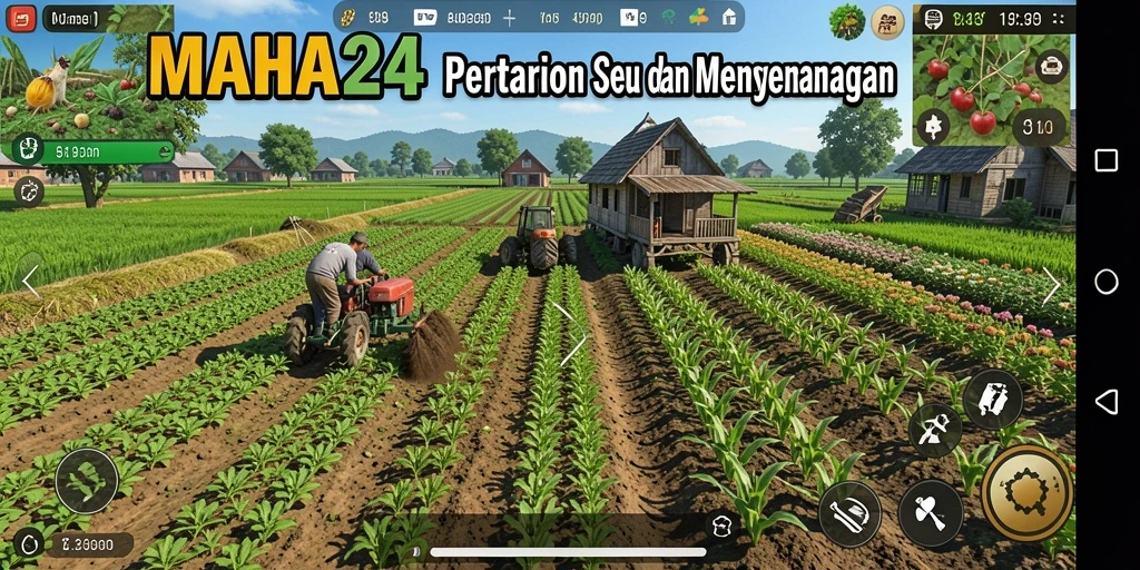 Screenshot permainan MAHA24 dengan tampilan ladang yang hijau dan hewan ternak.