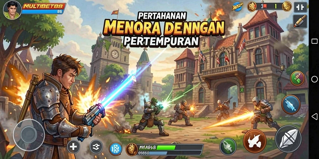 Tampilan gameplay MULTIBET88 dengan menara yang siap mempertahankan dari serangan musuh.