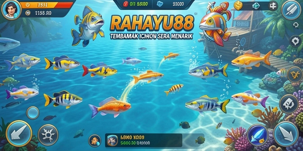 Screenshot gameplay RAHAYU88 dengan aksi menembak ikan.
