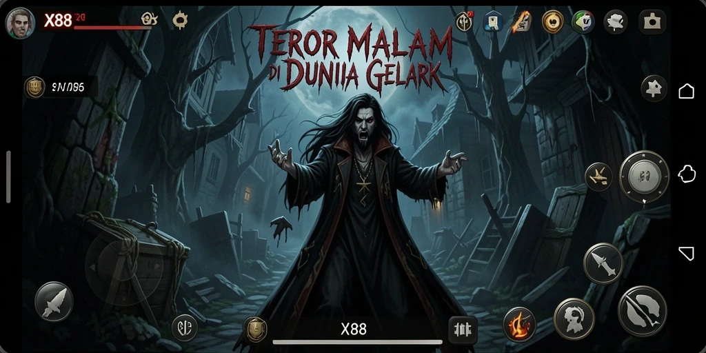 Screenshot gameplay X88 menampilkan suasana horor yang mencekam.