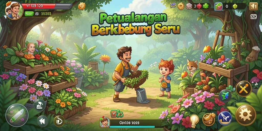 Tampilan gameplay yang menarik dalam kebun dengan berbagai tanaman.